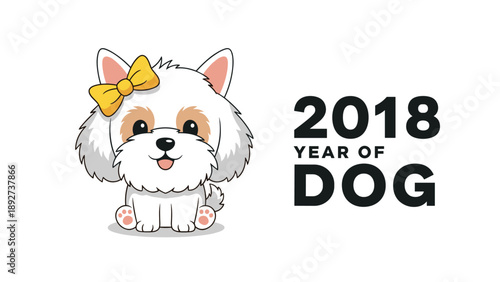 Adorable white puppy character with a yellow bow representing the 2018 year of the dog according to the Chinese zodiac calendar theme.