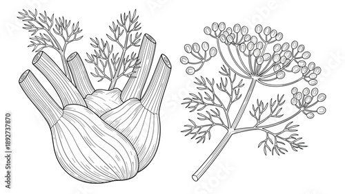 Detailed line art illustration of fennel bulb and flowering dill for nature studies, healthy cooking, and botanical design projects.