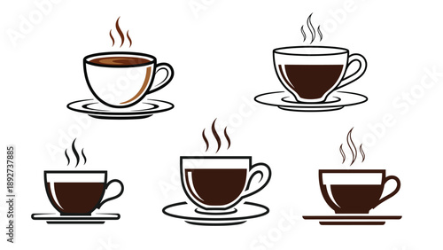 Diverse set of coffee cup icons with steam in different styles and fill levels for coffee shops, cafes, and morning beverage themes.