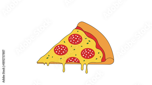 Single slice of pepperoni pizza with melting cheese and green herbs is shown as a colorful cartoon illustration on a plain background.