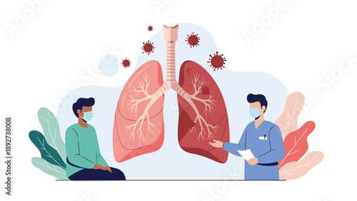 Medical professional explaining lung health and viral infection to a patient using a large diagram for healthcare and awareness themes.