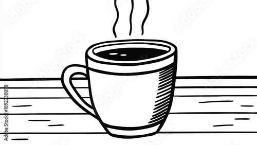 Simple black and white line art drawing of a steaming hot beverage in a mug