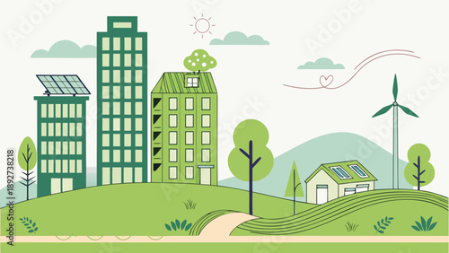 Green cityscape illustrating sustainable urban development with renewable energy sources