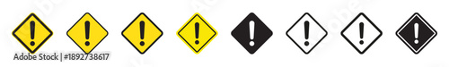 Danger and Warning Sign Symbol Set with Exclamation Mark in Diamond Shapes