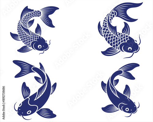 Koi Fish Vector Set, Decorative Japanese Carp Illustration in Blue Line Art
