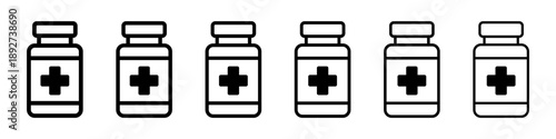 Medicine bottle line style icons set