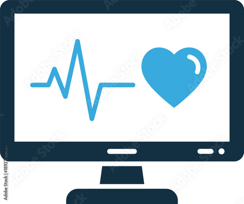 Computer monitor displaying blue electrocardiogram and heart blue white