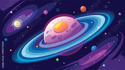 Stylized purple ringed planet floats amidst cosmic dust and distant celestial bodies