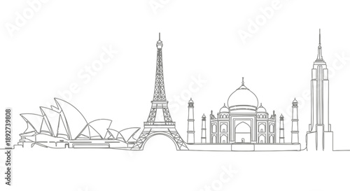 World landmarks line art, famous monuments