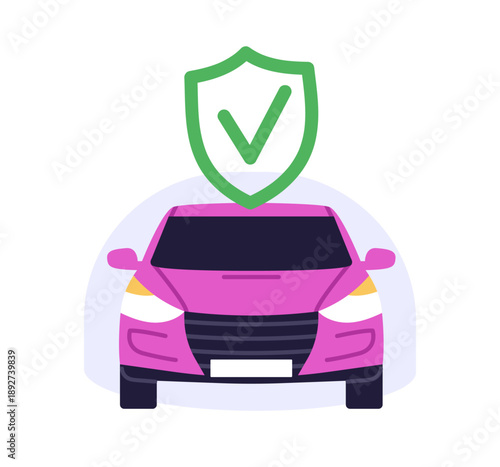 Car insurance concept, protected automobile with safety shield and check mark, vehicle coverage and auto risk protection, secure transport assurance isolated on background flat vector illustration.