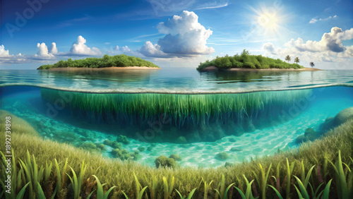 Floating Island and Seagrass Habitat ? Artistic Illustration for Marine Conservation and Nature Education.eps