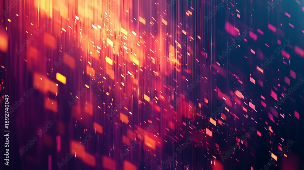 Obraz premium Abstract digital data stream with glowing orange and purple bokeh particles for high speed technology background