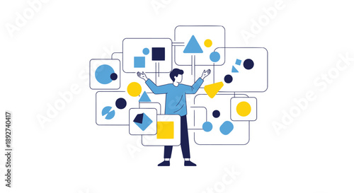 Man surrounded by floating geometric shapes and rectangles in blue and yellow