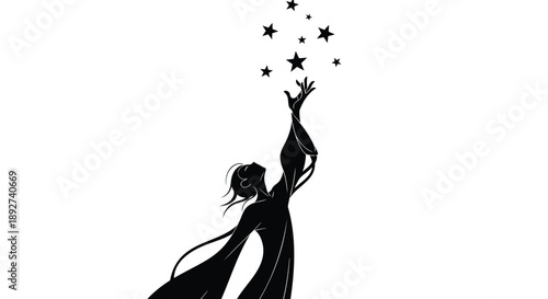 Woman in black silhouette reaching up to touch stars in the night sky with magic