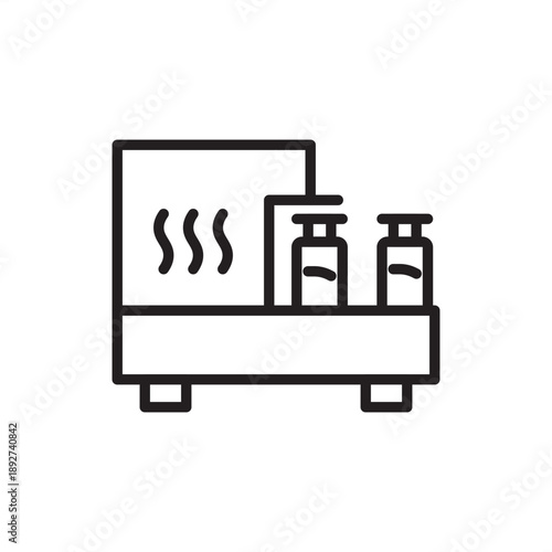 Vial depyrogenation icon. Pharmaceutical heat treatment and endotoxin removal, representing dry heat sterilization, pyrogen destruction, sterile glass vial processing, and aseptic manufacturing safety