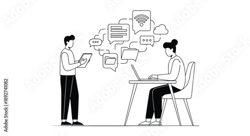 Two business professionals collaborating with digital devices and online communication icons