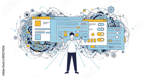Businessman presenting digital dashboard with graphs and charts on screens