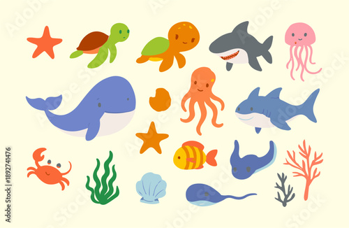 Cartoon Sea Creatures Collection  Cute Ocean Animal Clipart & Underwater Elements for Kids Design.