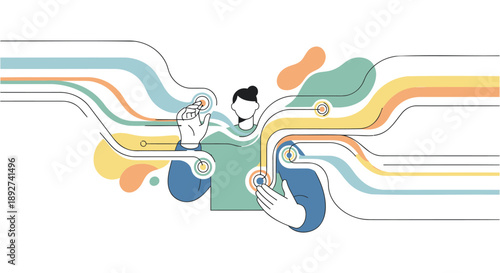 Two people connecting through colorful swirling lines and shapes in modern illustration