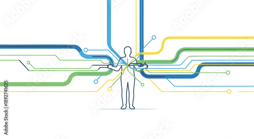Person interacts with colorful circuit board lines symbolizing technology and innovation connections