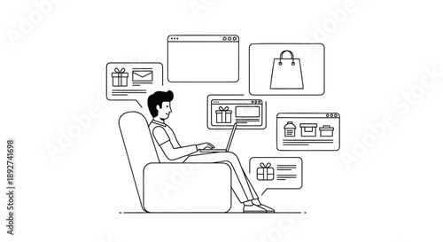 Man sitting on couch using laptop with online shopping icons floating around him