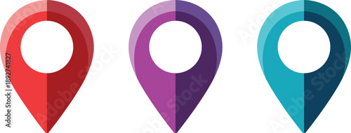 Three gradient location pins red purple teal on white background map marker navigation