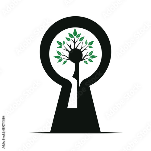 Tree visible through keyhole representing discovery growth and new possibilities On white Background Line Art Vector illustration