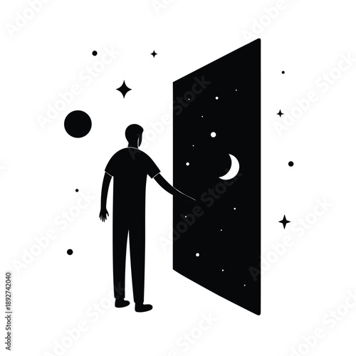 Man opening door to starry universe symbolizing exploration and dreams On white Background Line Art Vector illustration