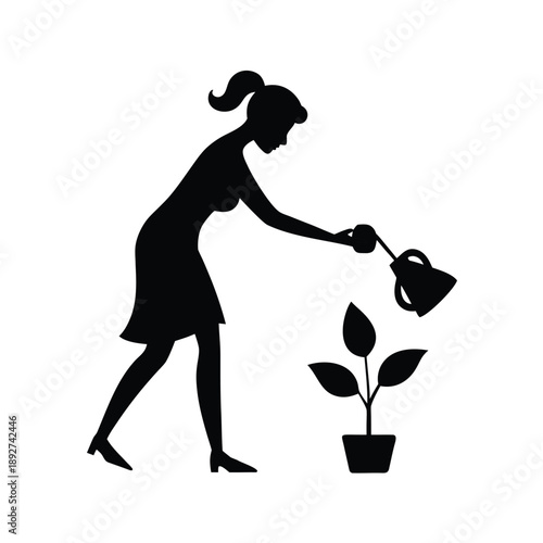 Female nurturing idea plant shaped like bulb representing innovation growth On white Background Line Art Vector illustration