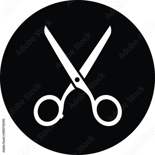 White scissors on black circle background simple tool
