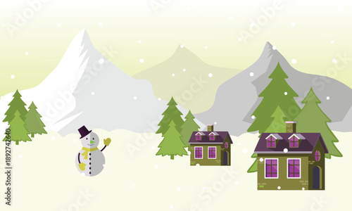 Charming winter illustration of a village with snow-capped mountains, cozy houses, evergreen trees, and a snowman under falling snow, perfect for holiday designs
