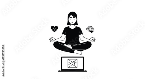 Woman meditates in lotus position on laptop with heart and brain symbols floating nearby