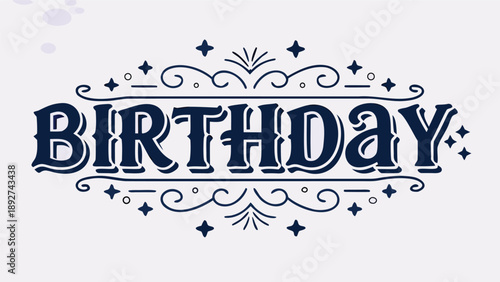 Birthday celebration text design with cheerful navy blue letters and decorative swirls on white background