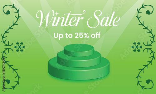 Dynamic winter sale banner with vibrant green tiered product display podium, highlighted by spotlights and decorative vines, ideal for seasonal discounts