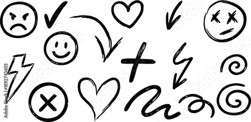 Collection of hand drawn black graffiti brush elements including heart, crown, star, arrow and abstract symbols