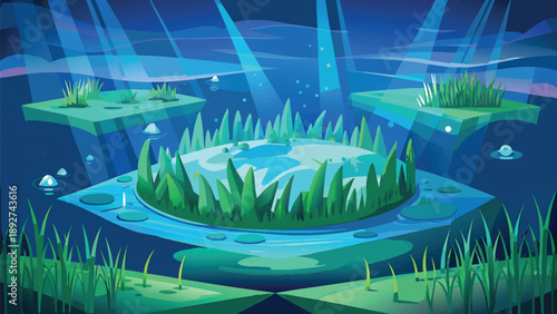 World Seagrass Day Concept Art ? Floating Island Ecosystem with Aquatic Grass and Ethereal Light.eps