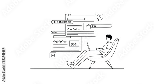 Man sitting in chair with laptop and e commerce web pages floating above