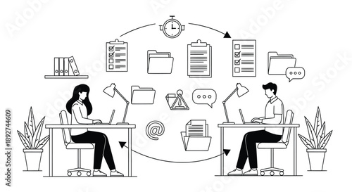 Business colleagues working together on laptops with office supplies and communication icons around them