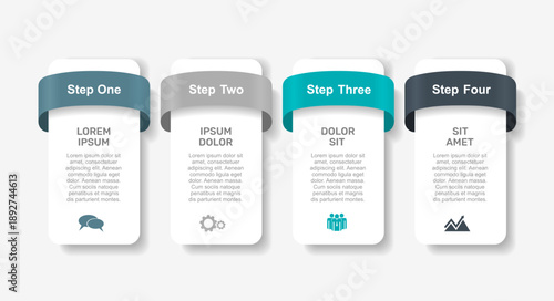 Modern 4-step infographic with gradient ribbons, icons, and text blocks perfect for business processes, presentations, or educational content. Vector illustration.