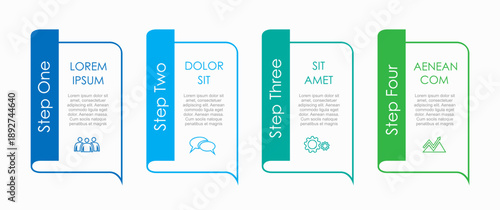 Colorful 4-step infographic with vertical labels, icons, and placeholder text, ideal for business processes, presentations, or project timelines. Vector illustration.