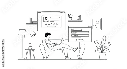 Man sitting on couch with laptop and online reviews on screens around him in living room