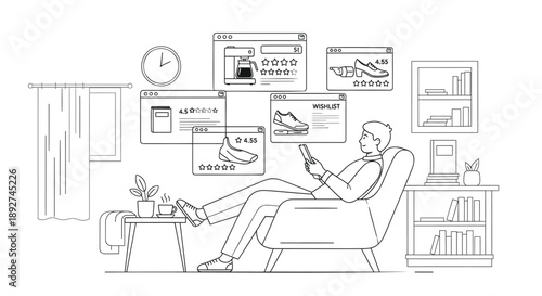 Man sitting in chair with floating shopping ads and product images around him