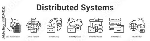 Distributed Systems web banner icon set vector illustration concept for business with icon of Data Transmission, Data Transfer, Data Sharing, Data Migration, Data Warehouse, D.