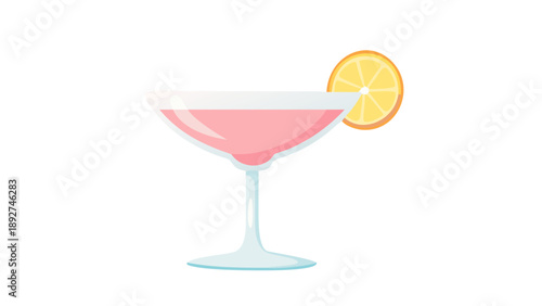 A coupe containing glowing pastel pink cocktail crowned with delicate citrus twist garnish. Rim reflects faint under soft spotlight. icon
