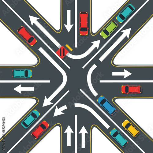Busy intersection with cars in traffic, traffic lights, and road markings
