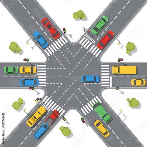 Busy City Intersection with Traffic, Cars, and Crosswalks - Top View