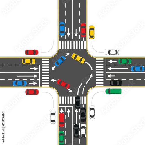 Busy traffic intersection with cars navigating complex lanes and crosswalks