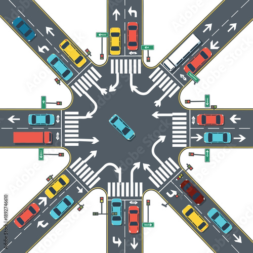 Busy intersection with cars, traffic lights, and crosswalks