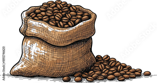 Burlap sack overflows with roasted coffee beans.