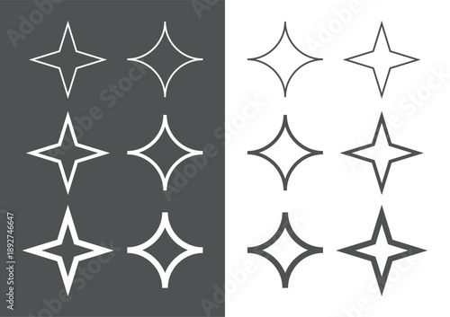 A set of shining stars icons. Symbolizing space, magic, or sorcery. A star glows in the dark.